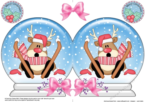Christmas Snow Globe Shaped Card - Oops Rudolph is Skiing!
