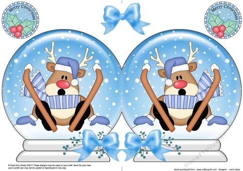 Christmas Snow Globe Shaped Card - Oops Rudolph is Skiing!