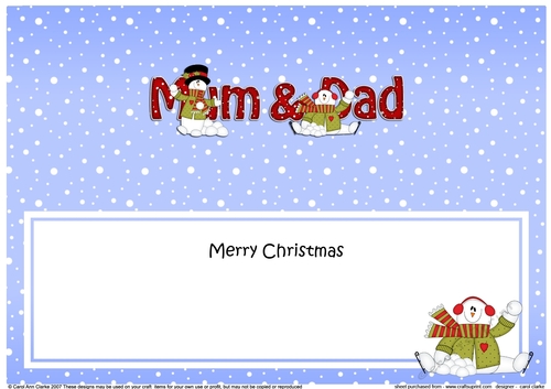 Large DL Merry Christmas MUM & DAD insert with Snowman Rio