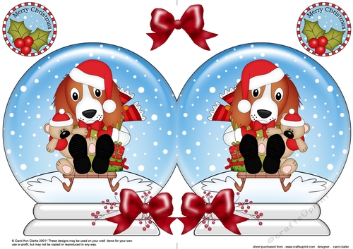 Christmas Snow Globe Shaped Card - Little Springer Spaniel Dog is Sledging