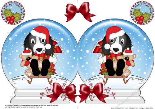 Christmas Snow Globe Shaped Card - Little Springer Spaniel Dog is Sledging