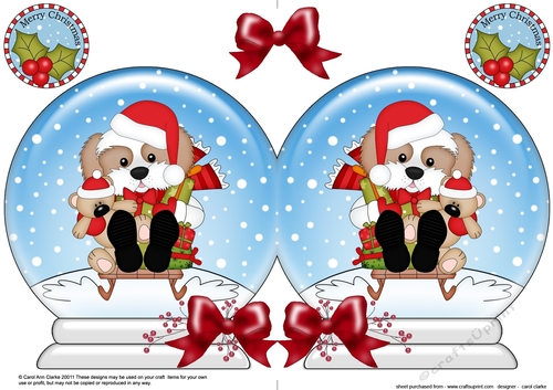 Christmas Snow Globe Shaped Card - Little Cavachon Dog is Sledging