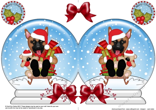 Christmas Snow Globe Shaped Card - Little German Shepherd Dog is Sledging