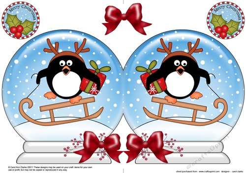 Christmas Snow Globe Shaped Card - Cute Pip Penguin is Sledging