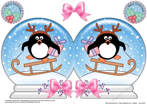 Christmas Snow Globe Shaped Card - Cute Pip Penguin is Sledging