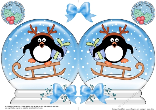 Christmas Snow Globe Shaped Card - Cute Pip Penguin is Sledging