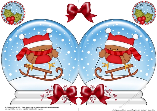 Christmas Snow Globe Shaped Card - Cute Little Bobbin Robin is Sledging