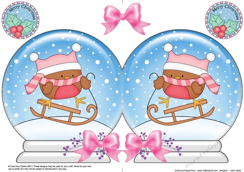 Christmas Snow Globe Shaped Card - Cute Little Bobbin Robin is Sledging