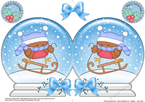 Christmas Snow Globe Shaped Card - Cute Little Bobbin Robin is Sledging