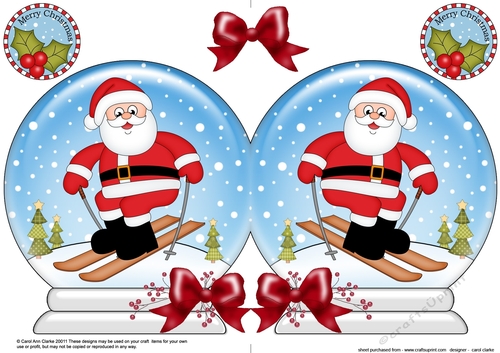 Christmas Snow Globe Shaped Card -  Santa is Skiing