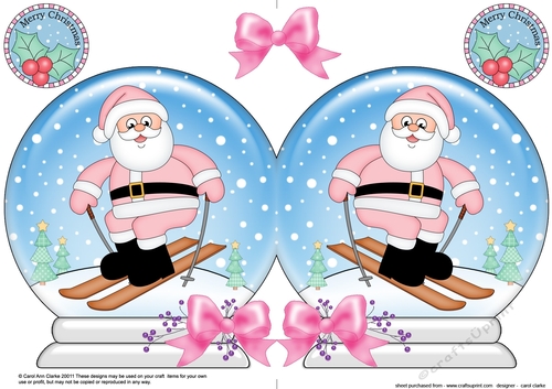 Christmas Snow Globe Shaped Card -  Santa is Skiing
