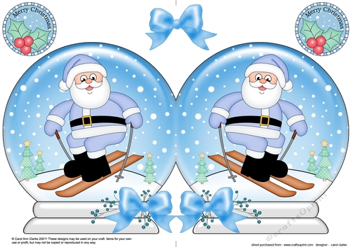 Christmas Snow Globe Shaped Card -  Santa is Skiing
