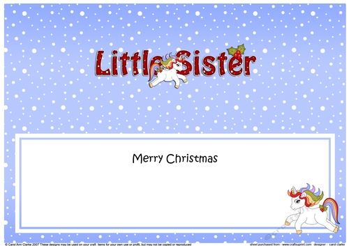 Large DL Merry Christmas LITTLE SISTER insert with Unicorn