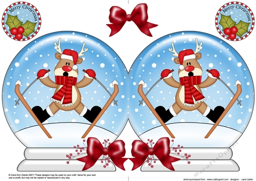 Christmas Snow Globe Shaped Card - Oops Rudolph is Skiing!