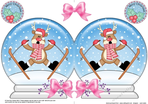 Christmas Snow Globe Shaped Card - Oops Rudolph is Skiing!