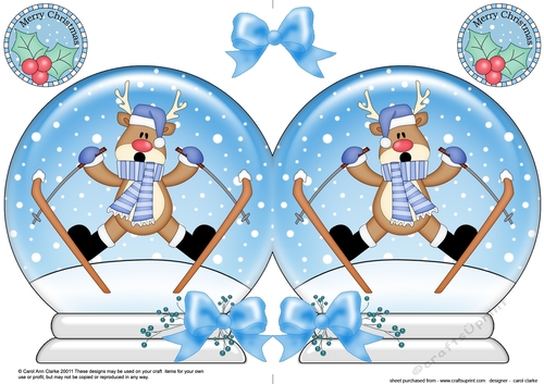 Christmas Snow Globe Shaped Card - Oops Rudolph is Skiing!