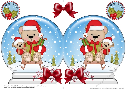 Christmas Snow Globe Shaped Card - Livvy Bear is Sledging