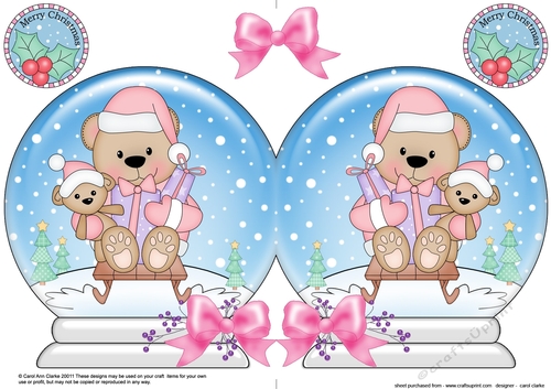 Christmas Snow Globe Shaped Card - Livvy Bear is Sledging