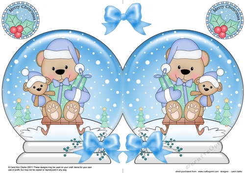 Christmas Snow Globe Shaped Card - Livvy Bear is Sledging