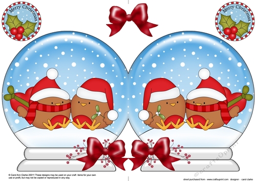 Christmas Snow Globe Shaped Card - Cute Little Bobbin Robins are in Love