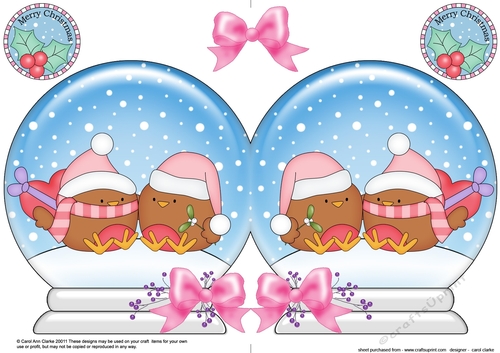 Christmas Snow Globe Shaped Card - Cute Little Bobbin Robins are in Love