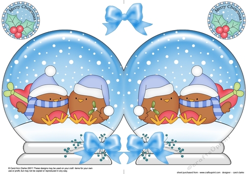 Christmas Snow Globe Shaped Card - Cute Little Bobbin Robins are in Love