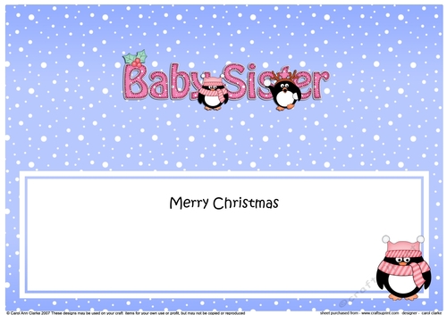 Large DL Merry Christmas BABY SISTER insert with Penguins