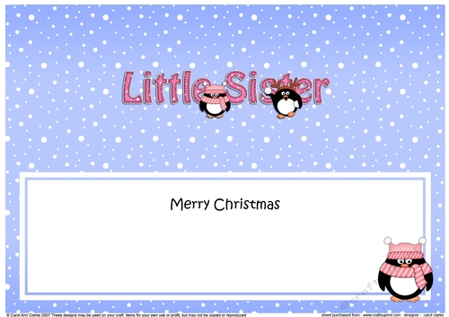 Large DL Merry Christmas LITTLE SISTER insert with Penguins