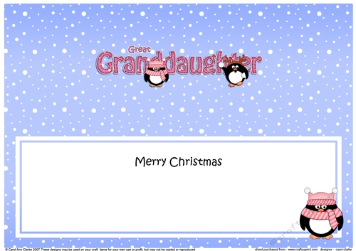 Large DL Merry Christmas GREAT GRANDDAUGHTER insert with Penguins