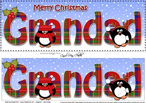 Large DL Merry Christmas GRANDAD 3D decoupage  with Tartan Penguins