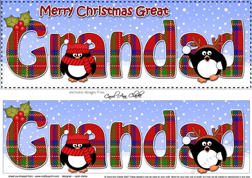 Large DL Merry Christmas GREAT GRANDAD 3D decoupage  with Tartan Penguins