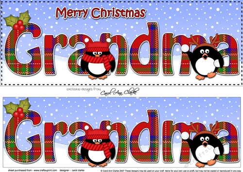 Large DL Merry Christmas GRANDMA 3D decoupage  with Tartan Penguins