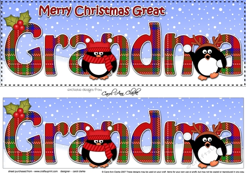 Large DL Merry Christmas GREAT GRANDMA 3D decoupage  with Tartan Penguins