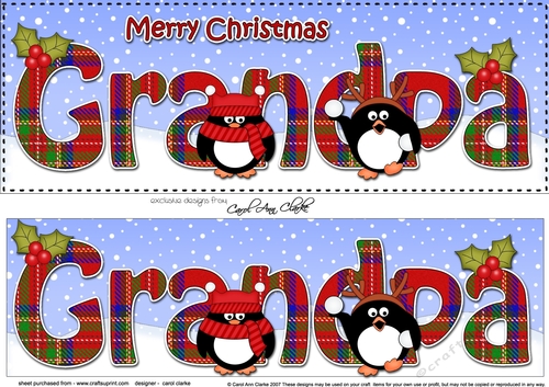 Large DL Merry Christmas GRANDPA 3D decoupage  with Tartan Penguins