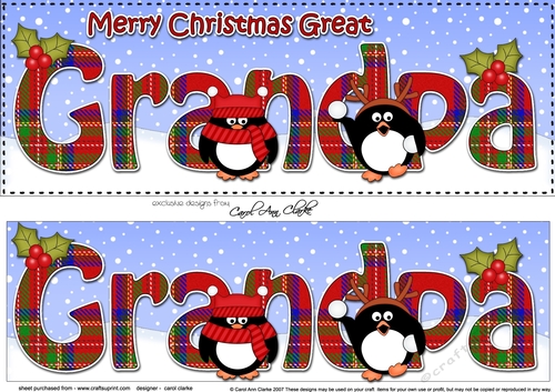 Large DL Merry Christmas GREAT GRANDPA 3D decoupage  with Tartan Penguins