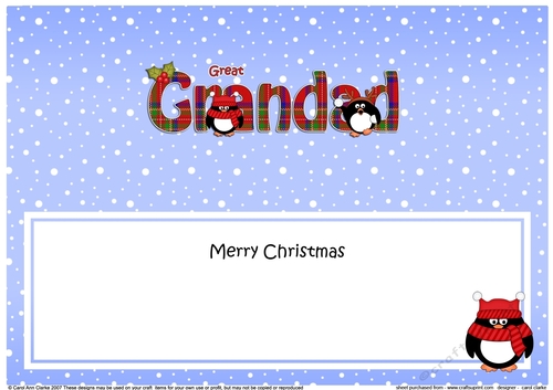 Large DL Merry Christmas GREAT GRANDAD insert with Tartan Penguins