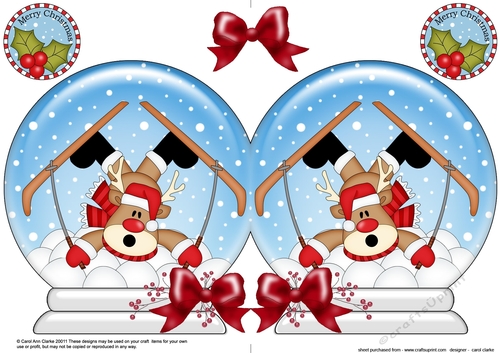 Christmas Snow Globe Shaped Card - Oops Rudolph is Skiing!