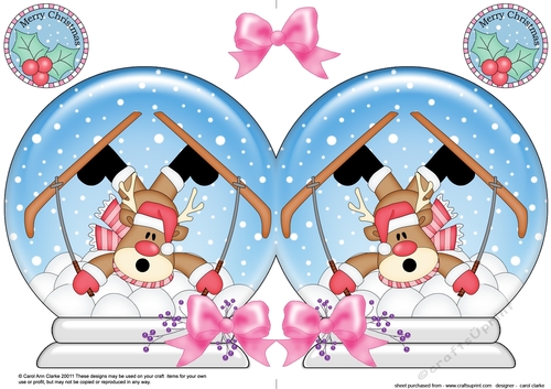 Christmas Snow Globe Shaped Card - Oops Rudolph is Skiing!