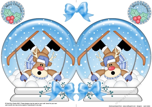 Christmas Snow Globe Shaped Card - Oops Rudolph is Skiing!