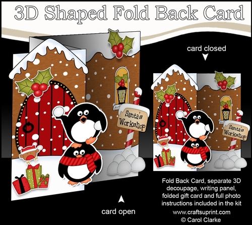 3D Shaped No-Hole Fold Back Christmas Card Mini Kit - Penguins are having a Snowball Fight