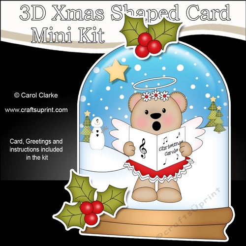 3D Shaped Christmas Snow Globe Card Kit - Angel Livvy Bear is Carol Singing