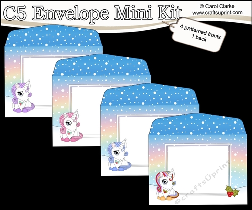 4 x C5 Cute Christmas Unicorn envelopes Mini Kit