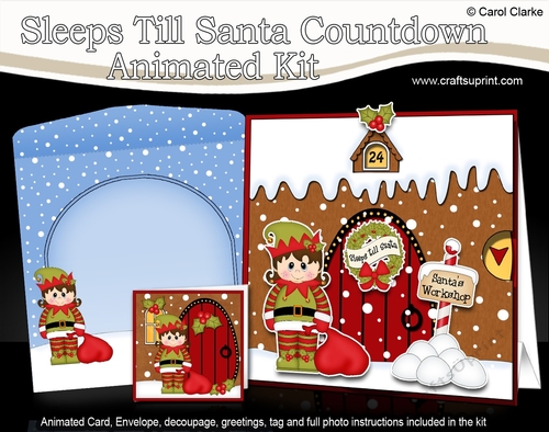 3D Animated Sleeps Till Santa Christmas Gingerbread House Countdown Card Kit - Cute Elf has a Sack of Presents