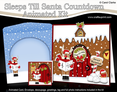 3D Animated Sleeps Till Santa Christmas Gingerbread House Countdown Card Kit - Rudolph is Carol Singing
