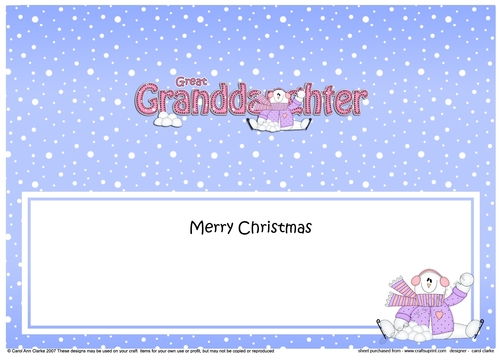 Large DL Merry Christmas GREAT GRANDDAUGHTER insert with Snowman Rio