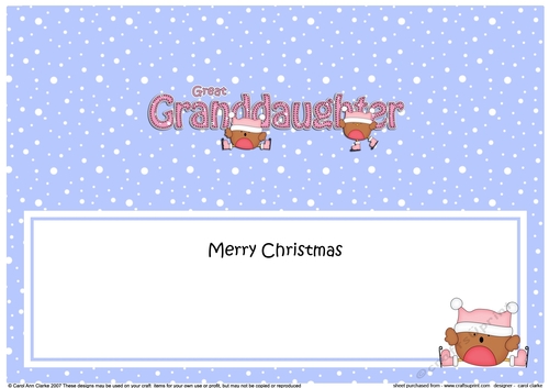 Large DL Merry Christmas GREAT GRANDDAUGHTER insert with Bobbin Robin