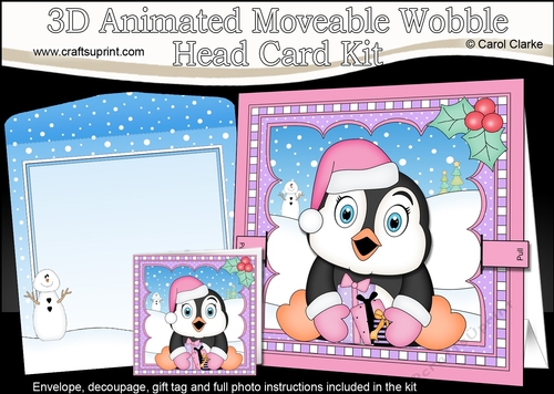 3D Animated Christmas Moveable Wobble Head Card Kit - Penguin has lots of Presents