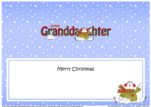 Large DL Merry Christmas GREAT GRANDDAUGHTER insert with Snowman Rio
