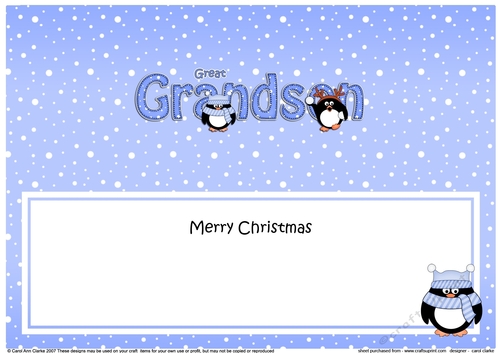 Large DL Merry Christmas GREAT GRANDSON insert with Penguins