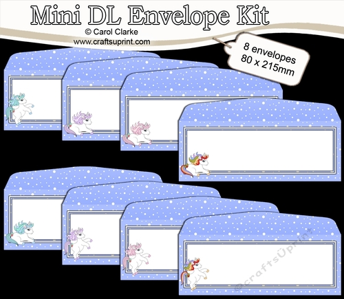 8 Mini Dl (80 x 215mm) Cute Christmas Unicorns Envelope Kit